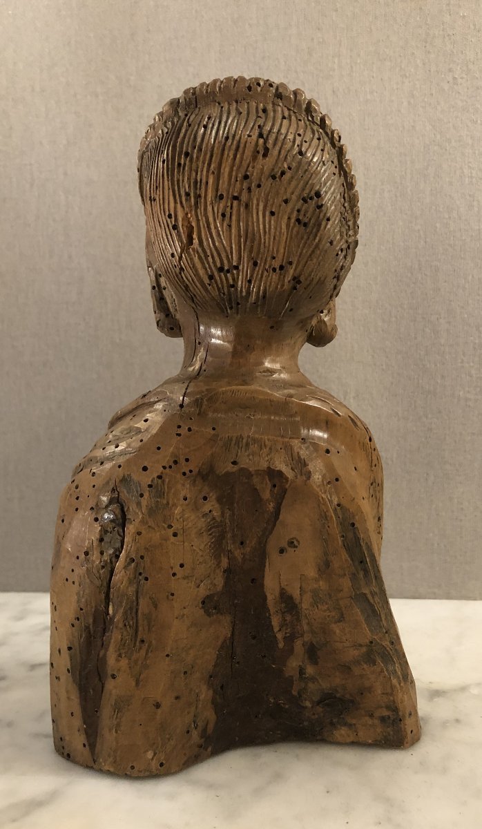 Buste de dame de qualité en bois sculpté et ciré XVIII° siècle-photo-1