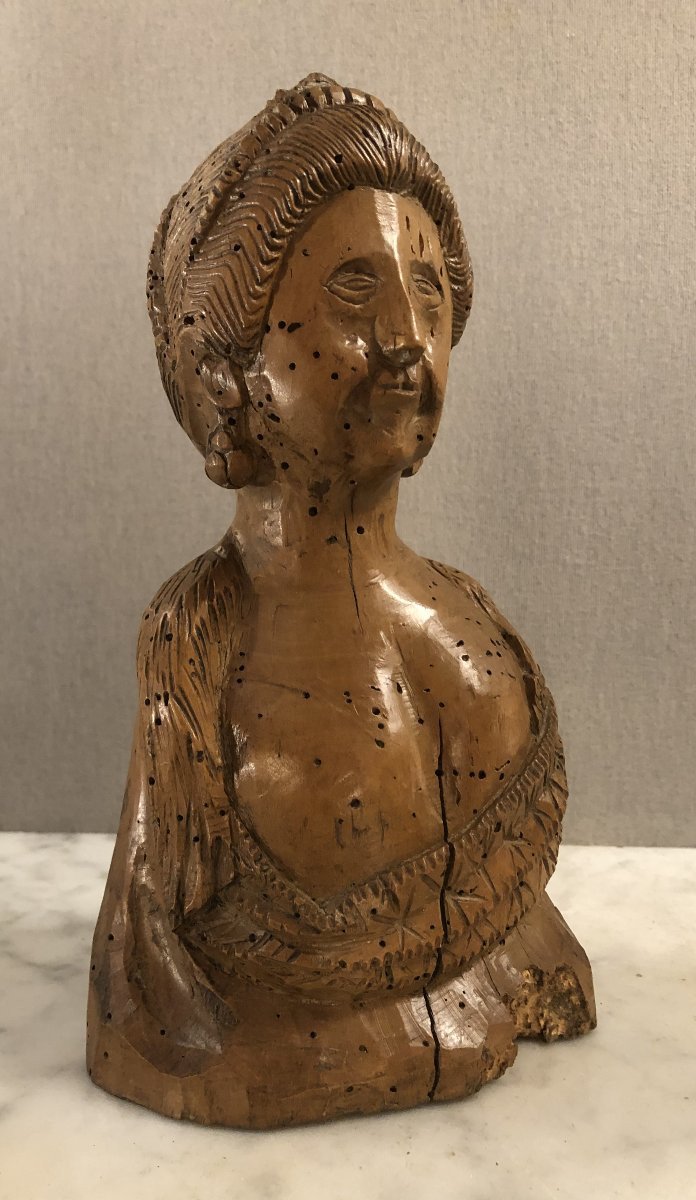 Buste de dame de qualité en bois sculpté et ciré XVIII° siècle-photo-3