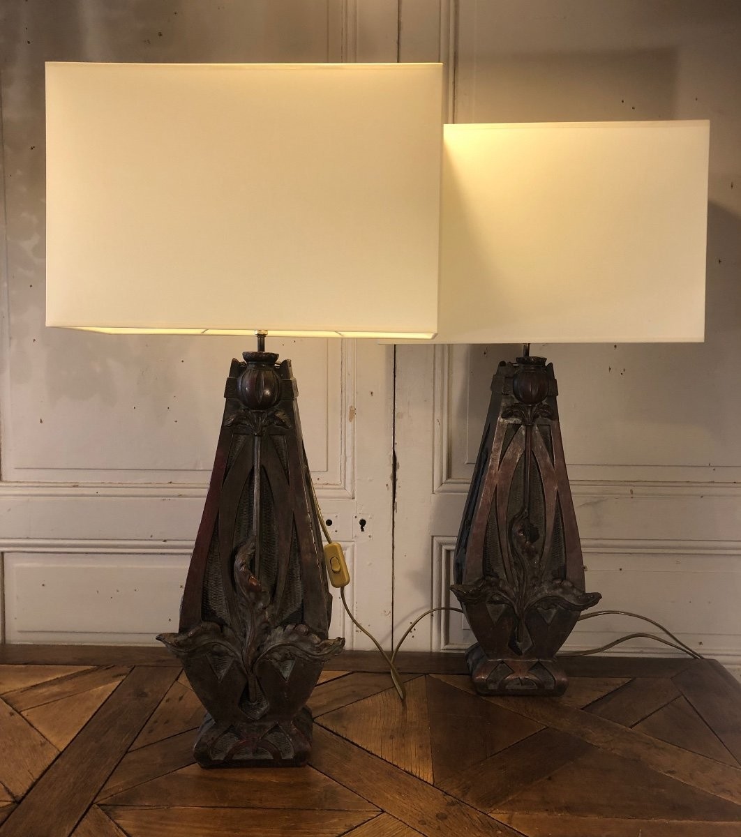 Large Pair Of Art-nouveau Thistle Lamps About 1900