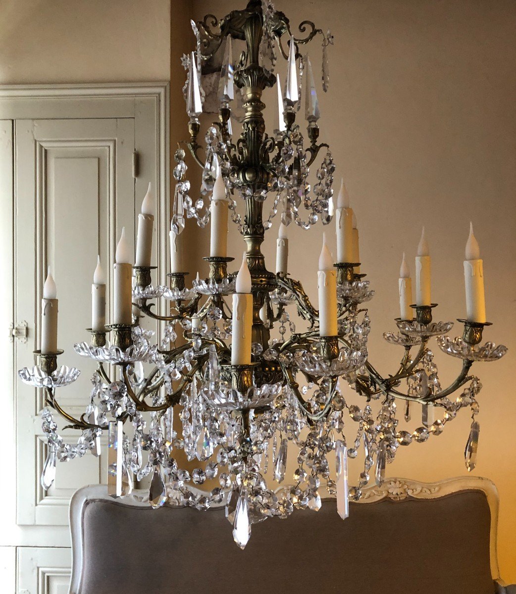 Lustre 18 Lumières En Bronze Et Cristal De Style Louis XV Napoléon III-photo-2