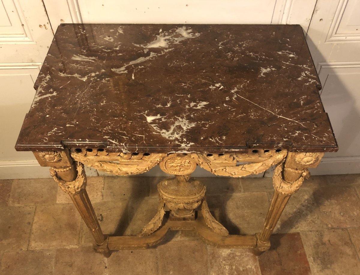 Console louis XVI en chêne sculpté et marbre rouge royal XVIII° siècle-photo-2