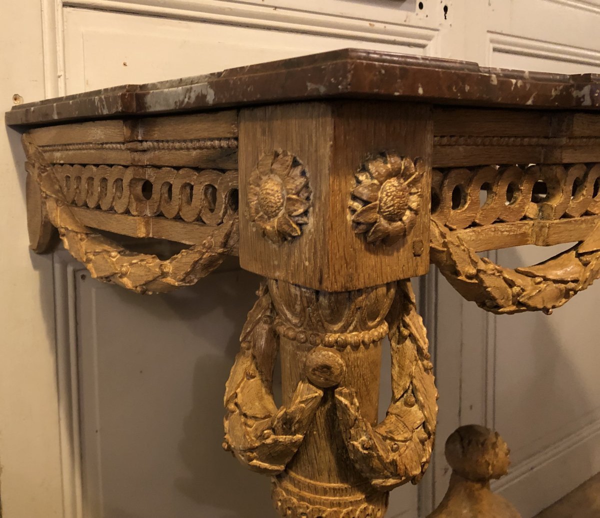Console louis XVI en chêne sculpté et marbre rouge royal XVIII° siècle-photo-4