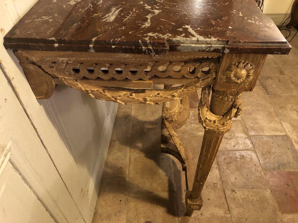 Console louis XVI en chêne sculpté et marbre rouge royal XVIII° siècle-photo-5