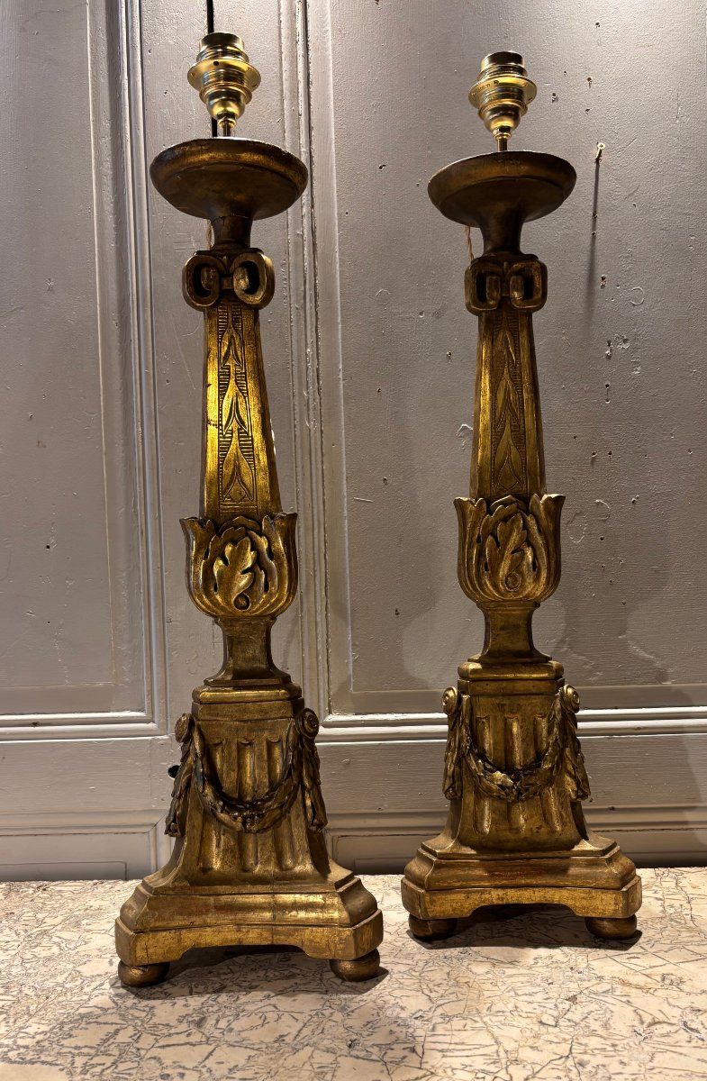 Paire de pique cierges lampes Louis XVI en bois doré XVIII° siècle -photo-3
