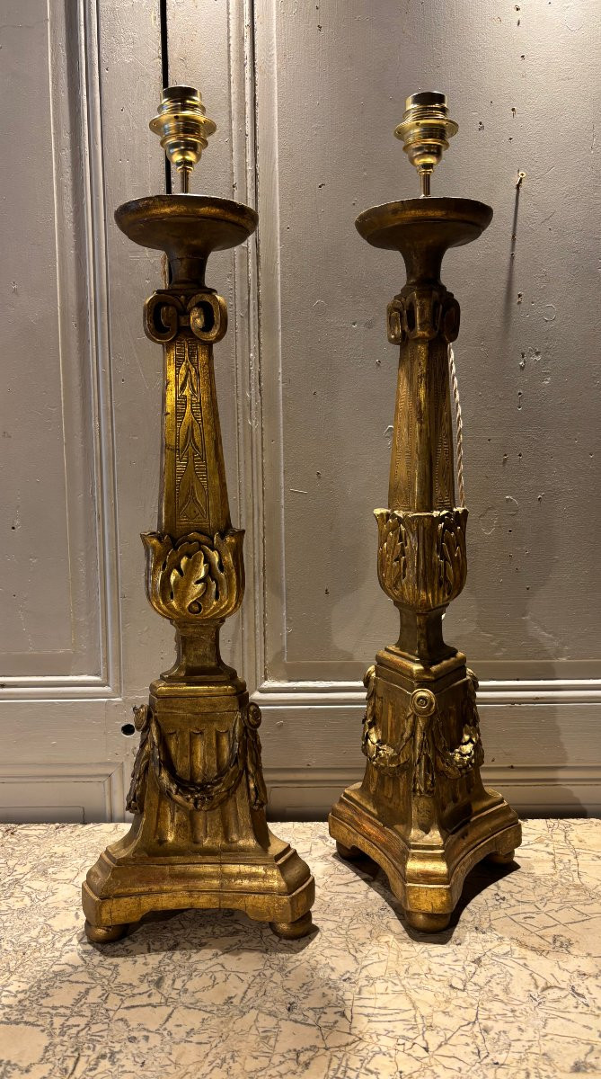 Paire de pique cierges lampes Louis XVI en bois doré XVIII° siècle -photo-4