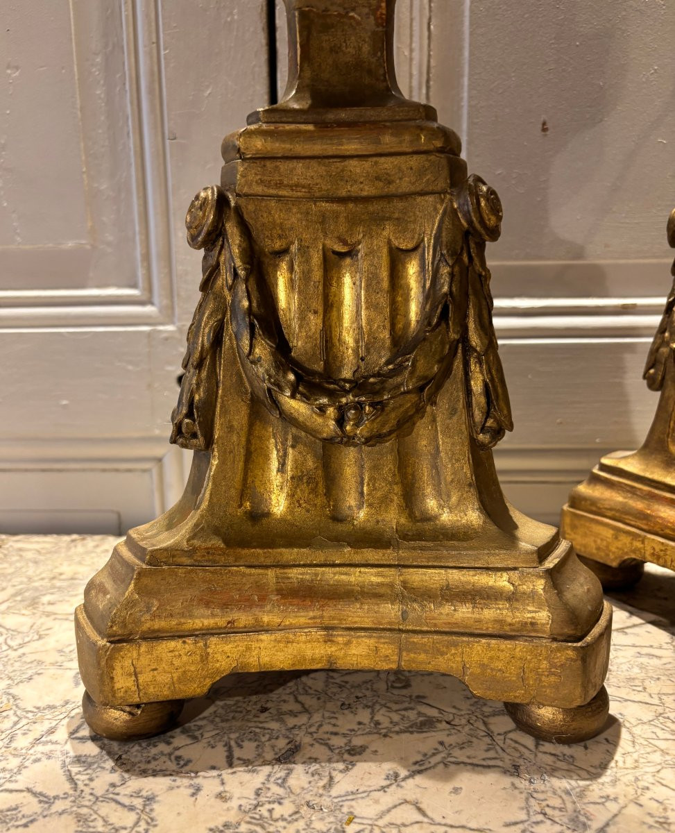 Paire de pique cierges lampes Louis XVI en bois doré XVIII° siècle -photo-1