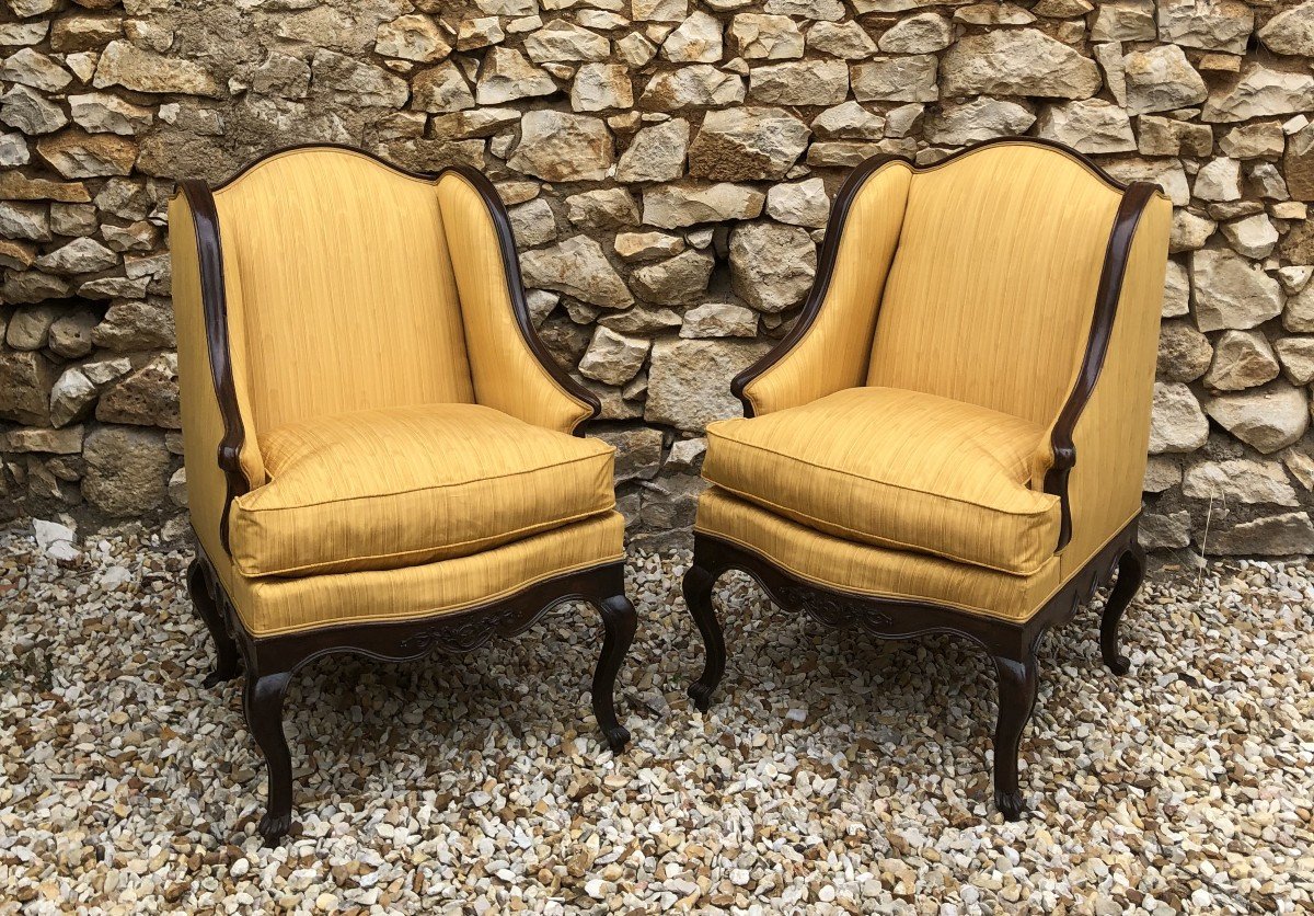 Paire de bergères à oreilles style Louis XV en noyer-photo-2