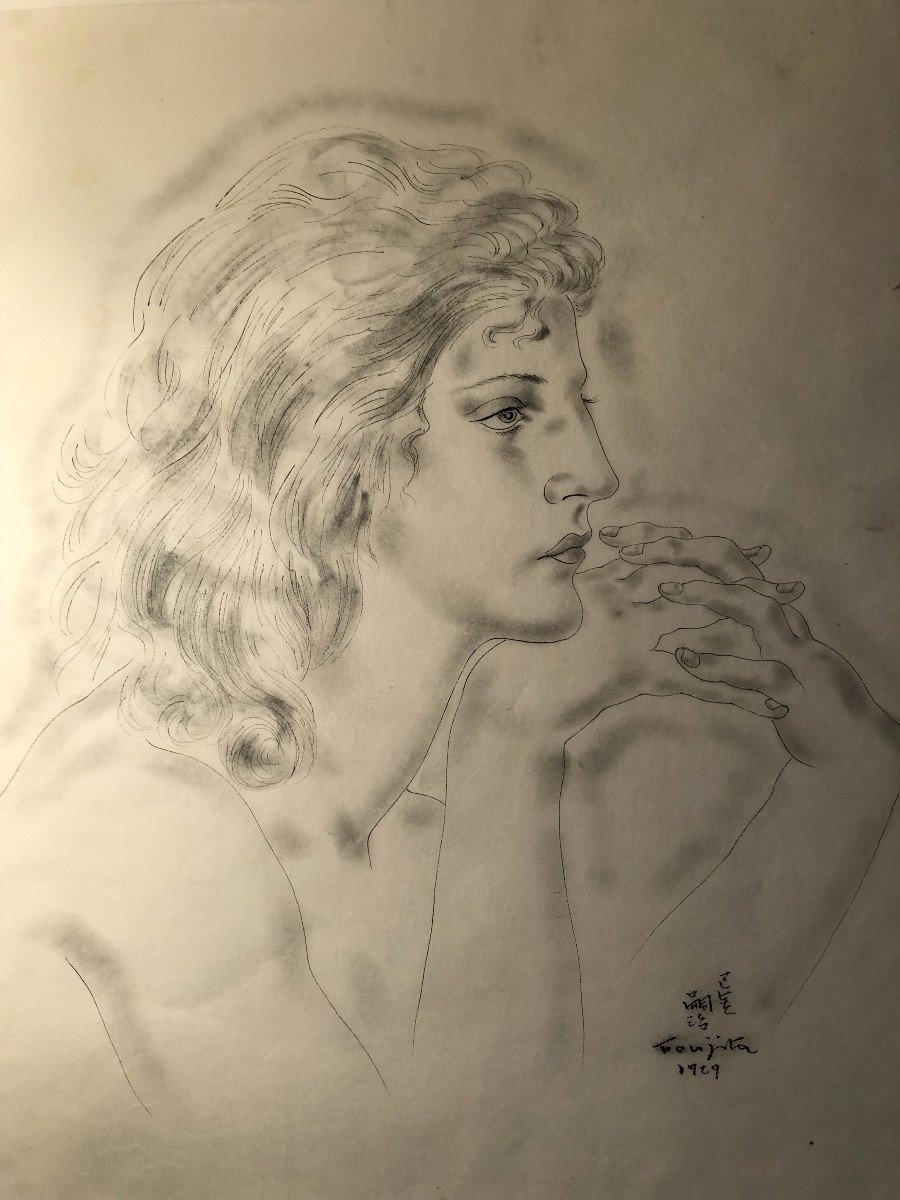 Dessin Profil De Jeune Femme "jacqueline" Signée Foujita Et Daté 1929-photo-2