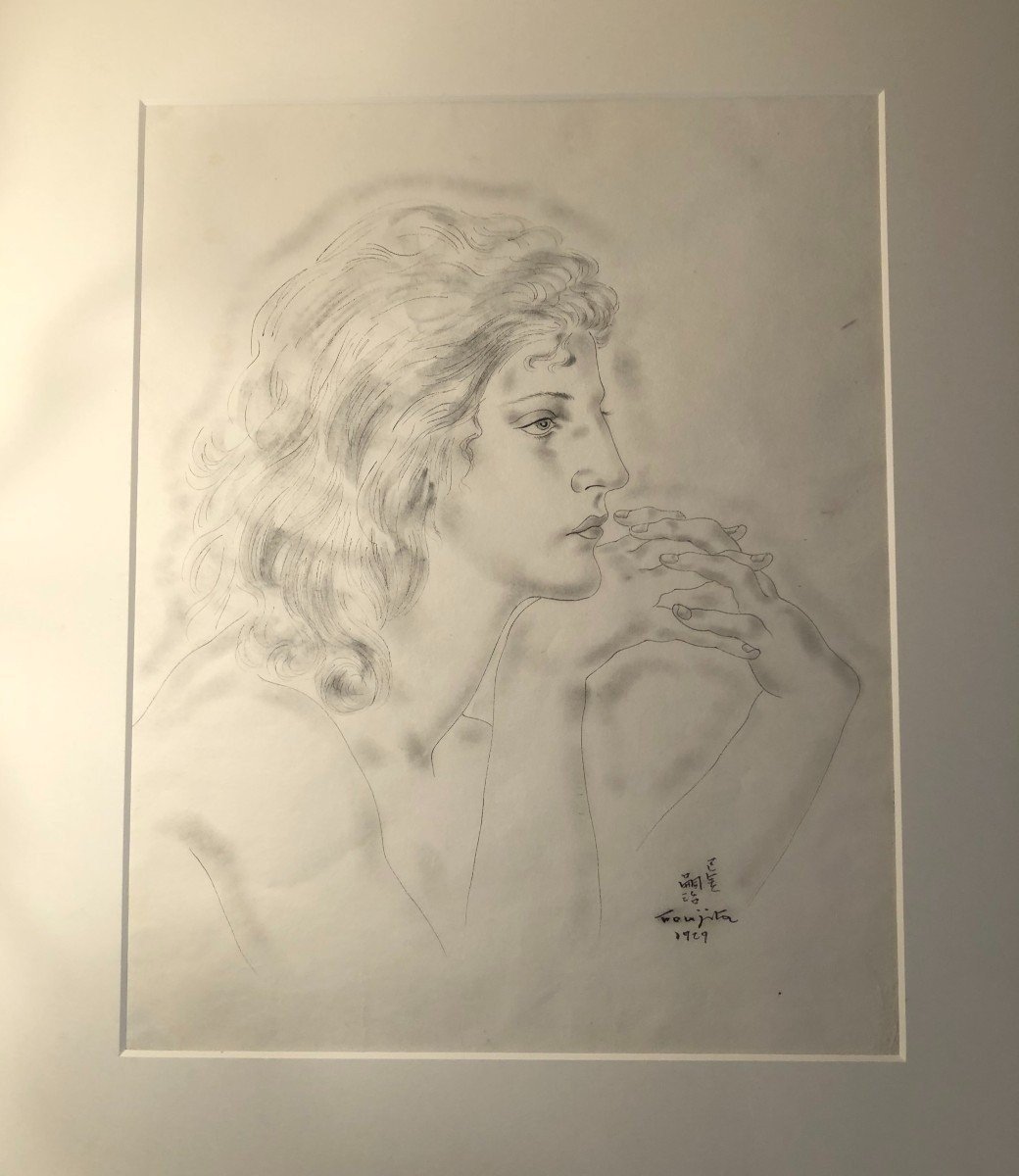 Dessin Profil De Jeune Femme "jacqueline" Signée Foujita Et Daté 1929-photo-3
