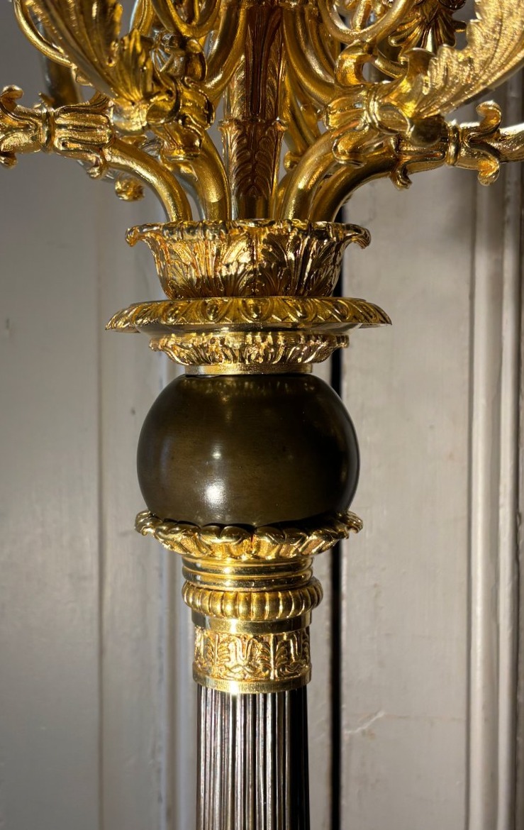 Paire de candélabres Empire en bronze doré, patiné et marbre -photo-1