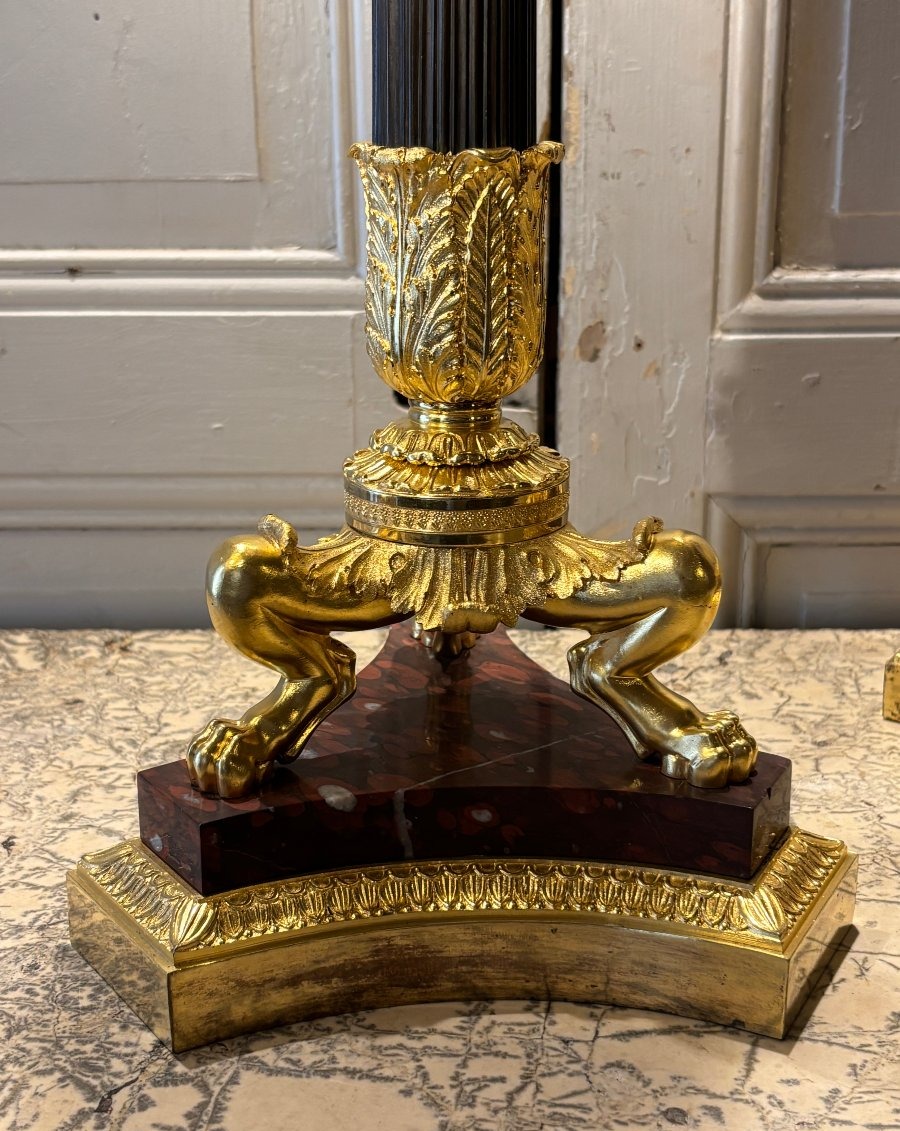 Paire de candélabres Empire en bronze doré, patiné et marbre -photo-2