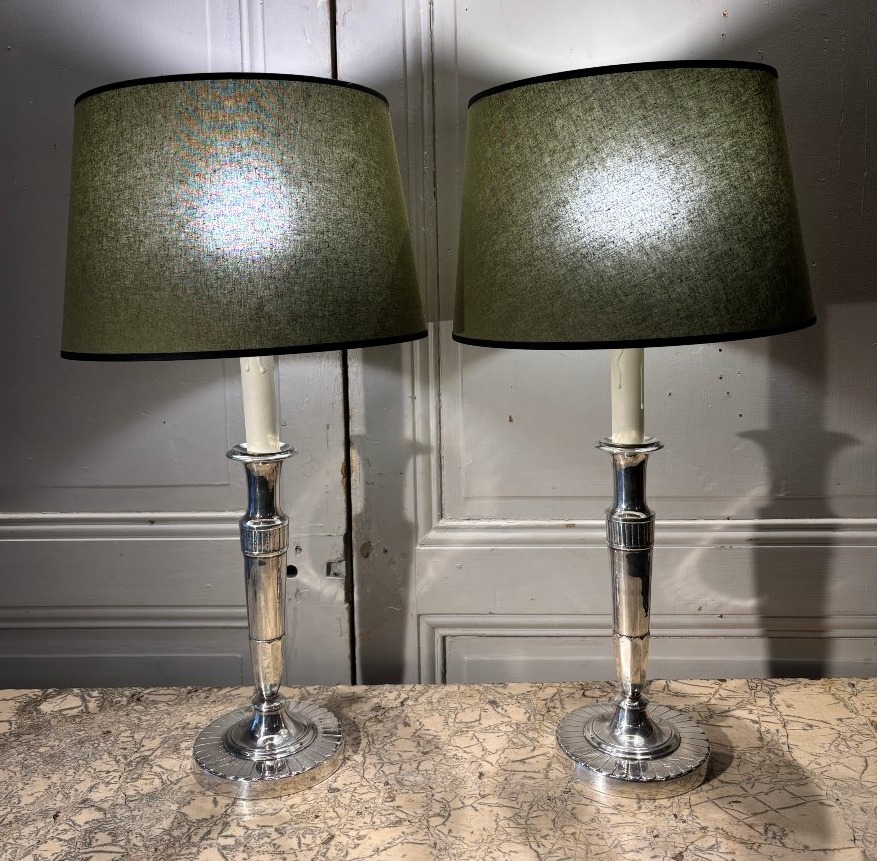 Pair Of Directoire-style Silver-plated Bronze Candlestick Lamps -photo-2