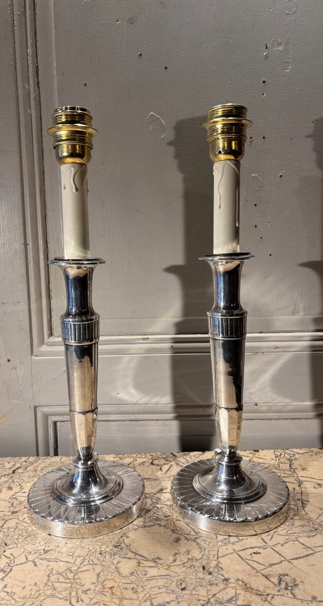 Pair Of Directoire-style Silver-plated Bronze Candlestick Lamps -photo-4