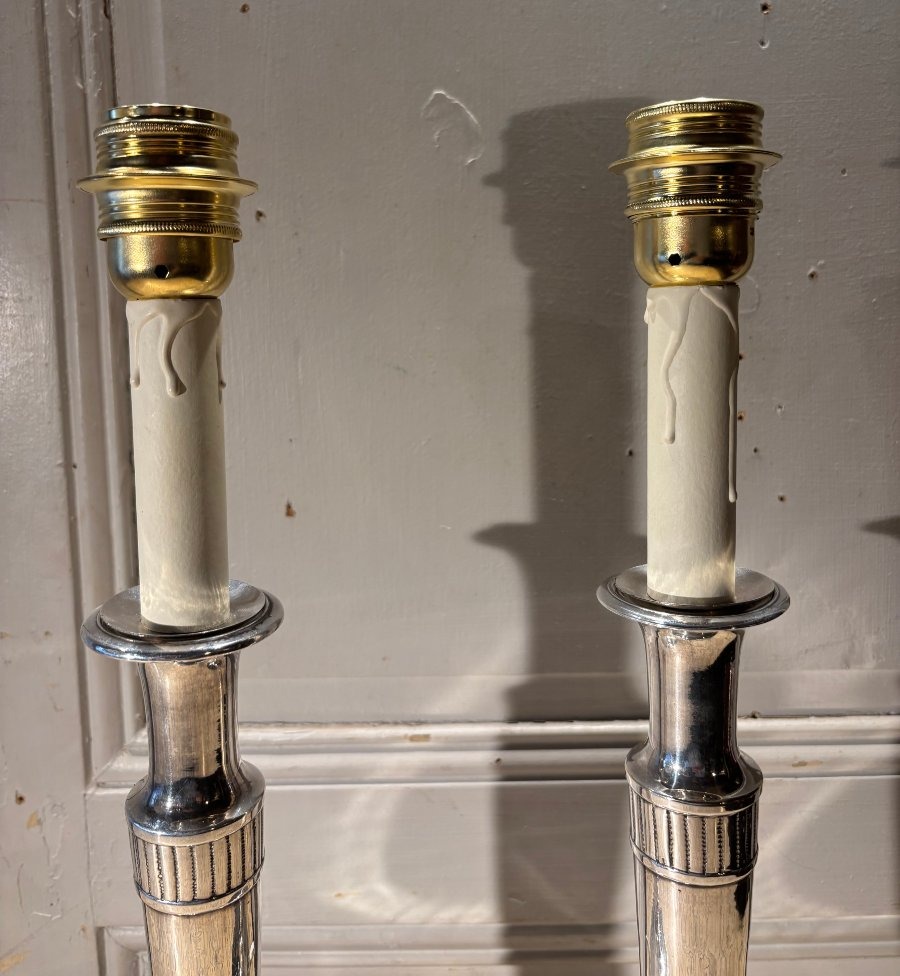 Pair Of Directoire-style Silver-plated Bronze Candlestick Lamps -photo-5