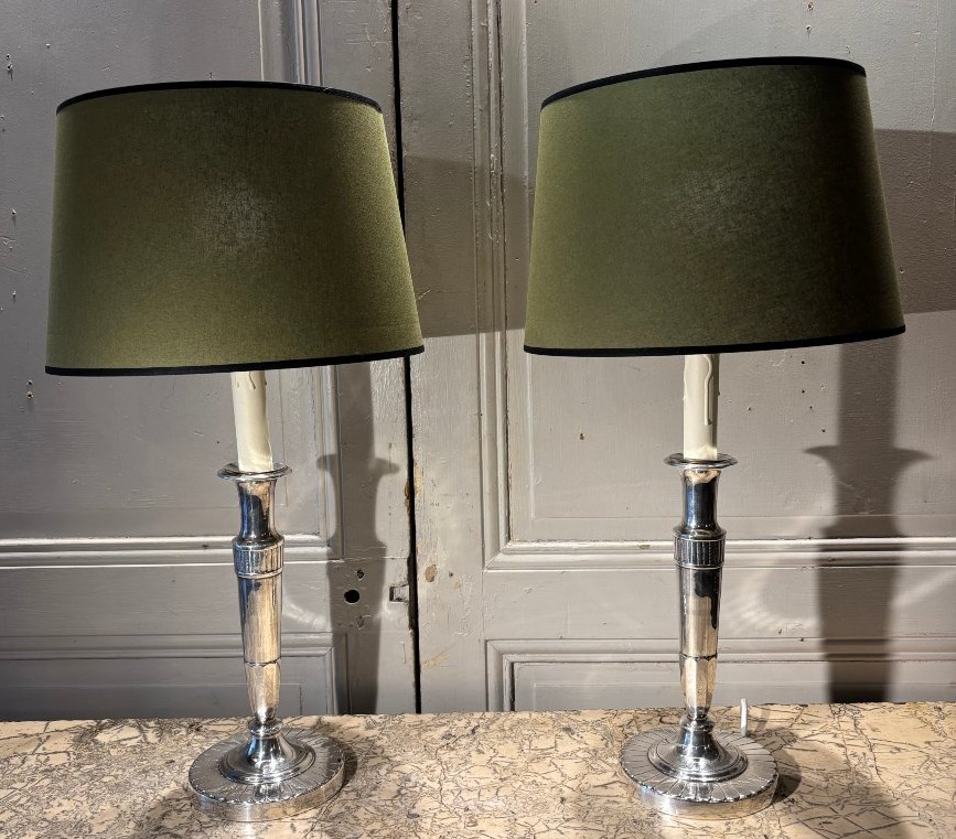 Pair Of Directoire-style Silver-plated Bronze Candlestick Lamps 