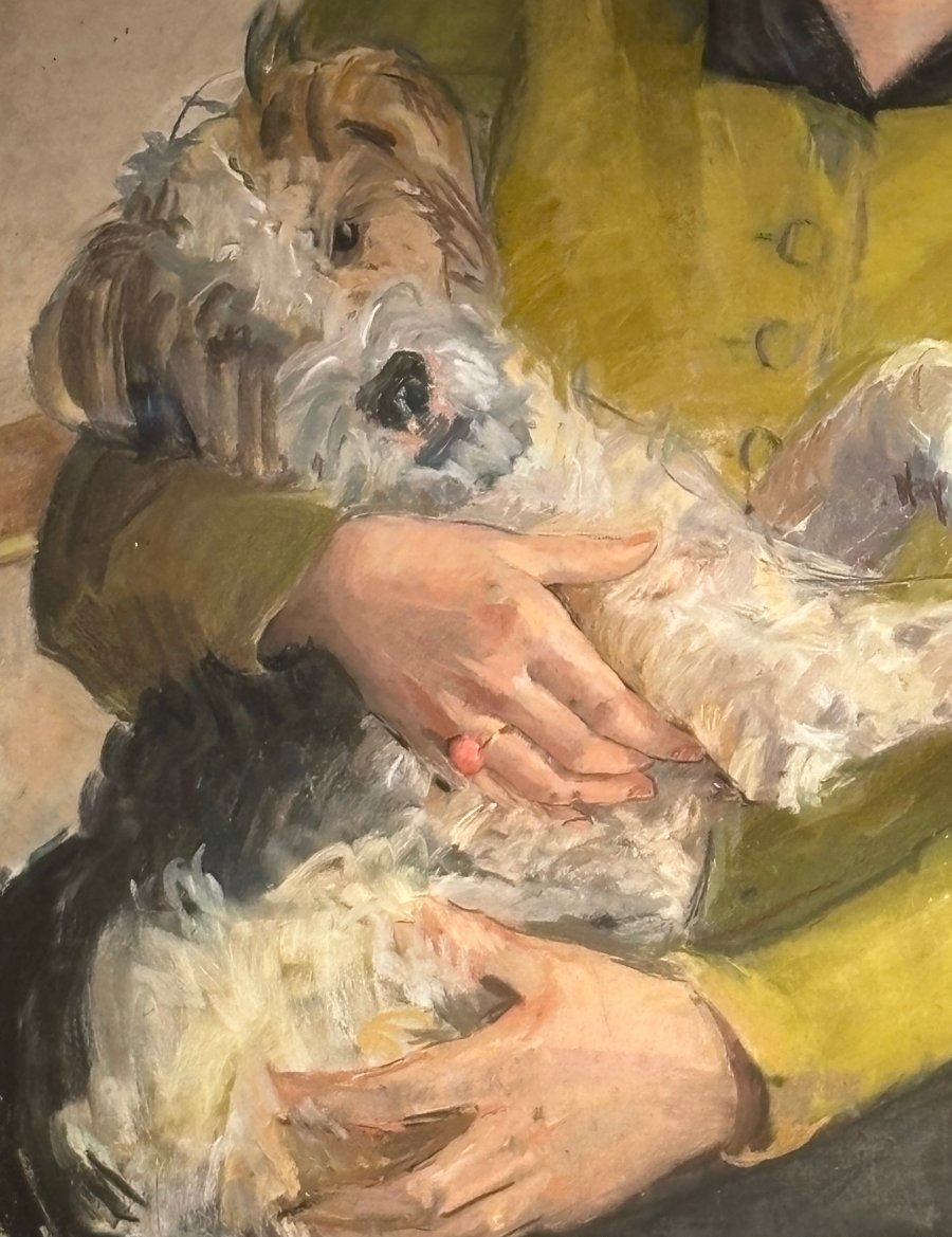 Pastel Dame au fox terrier signé J Cermaise 37-photo-3