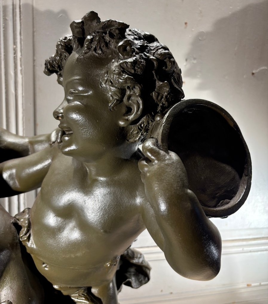 Child Bacchus, Signed Rougelet, Large Patinated Terracotta, 19th Century-photo-3