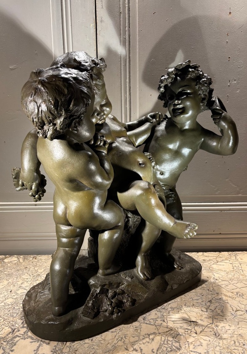 Child Bacchus, Signed Rougelet, Large Patinated Terracotta, 19th Century-photo-4