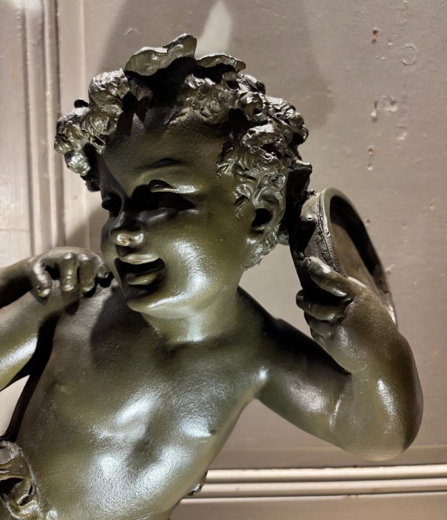 Child Bacchus, Signed Rougelet, Large Patinated Terracotta, 19th Century-photo-1