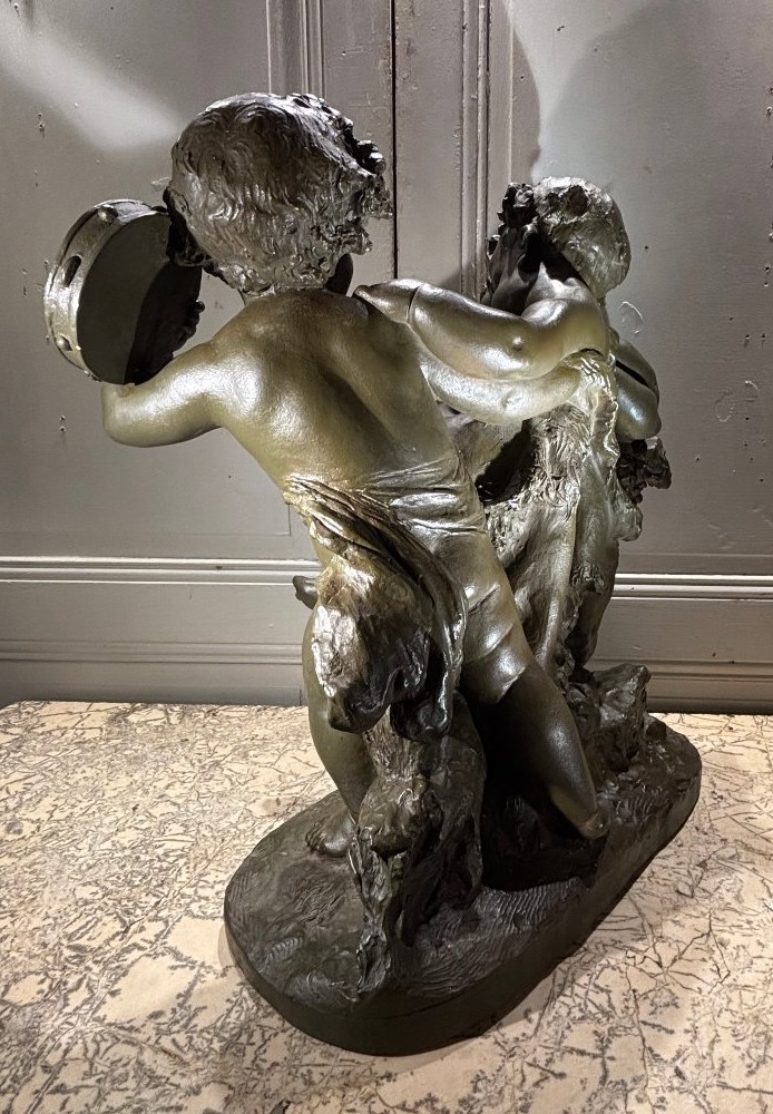 Child Bacchus, Signed Rougelet, Large Patinated Terracotta, 19th Century-photo-2