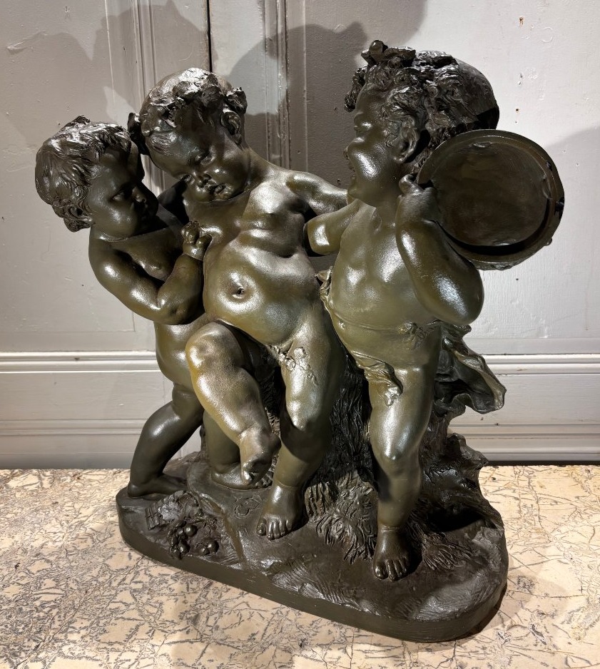 Child Bacchus, Signed Rougelet, Large Patinated Terracotta, 19th Century-photo-6