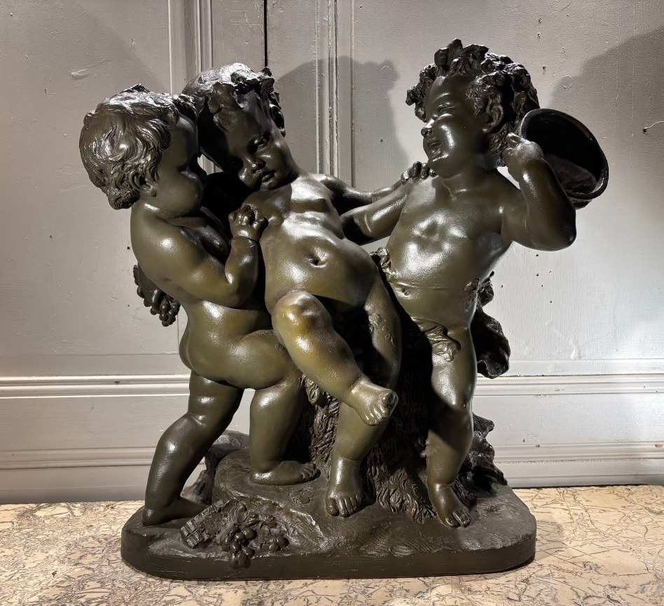 Child Bacchus, Signed Rougelet, Large Patinated Terracotta, 19th Century