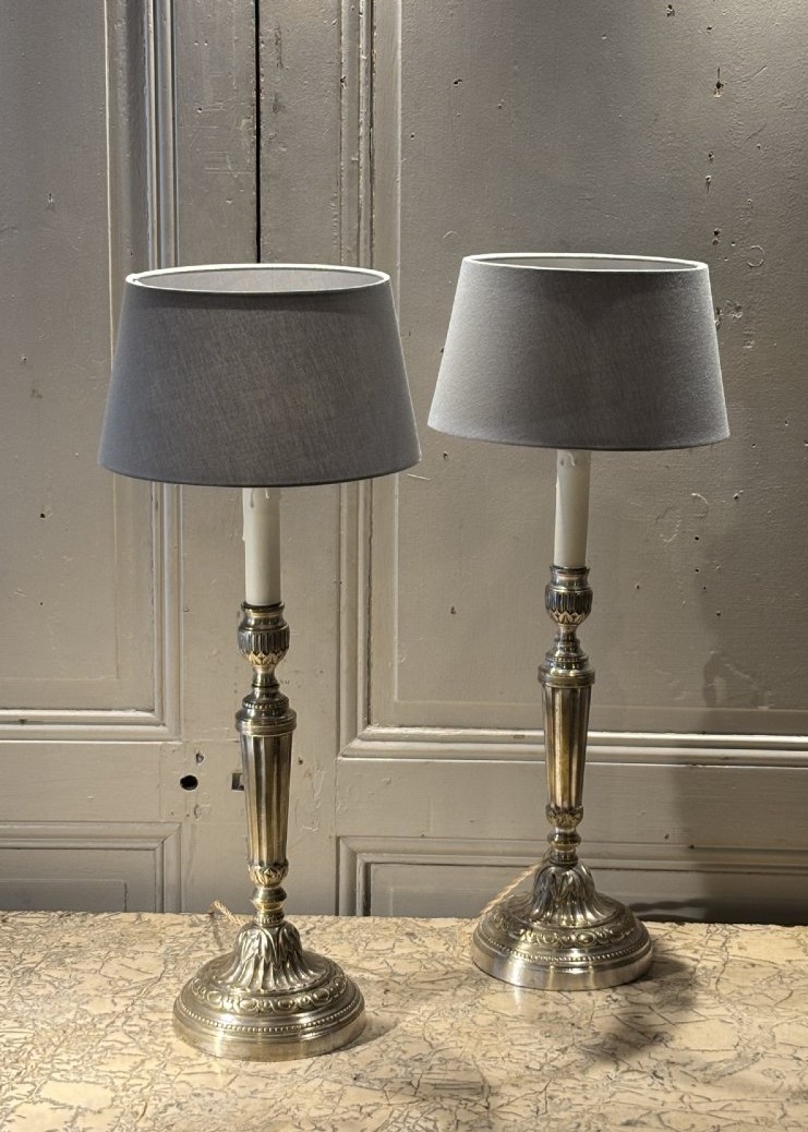 Paire de grands flambeaux lampes Louis XVI XVIII&deg; si&egrave;cle en bronze argent&eacute; -photo-2