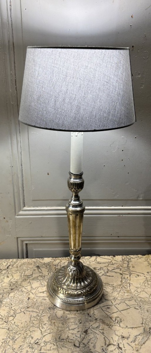 Paire de grands flambeaux lampes Louis XVI XVIII&deg; si&egrave;cle en bronze argent&eacute; -photo-3