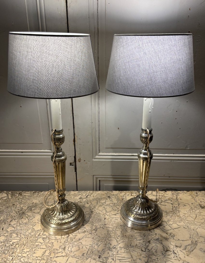 Paire de grands flambeaux lampes Louis XVI XVIII&deg; si&egrave;cle en bronze argent&eacute; -photo-4