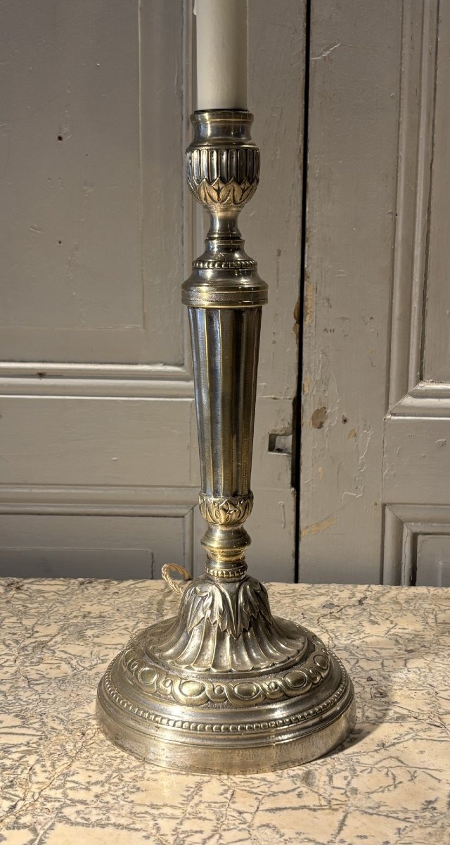 Paire de grands flambeaux lampes Louis XVI XVIII&deg; si&egrave;cle en bronze argent&eacute; -photo-1