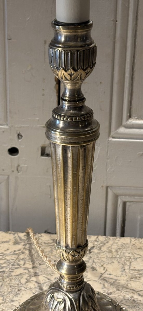 Paire de grands flambeaux lampes Louis XVI XVIII&deg; si&egrave;cle en bronze argent&eacute; -photo-3