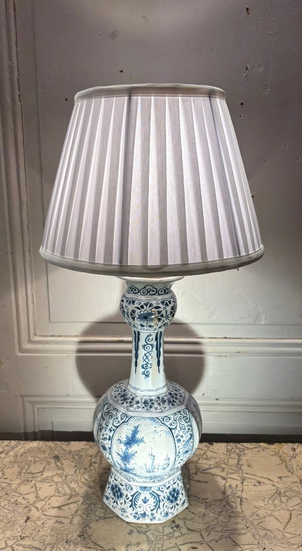Delft Earthenware Baluster Lamp Decorated With Scenes Of Lakeside Life And Romance 