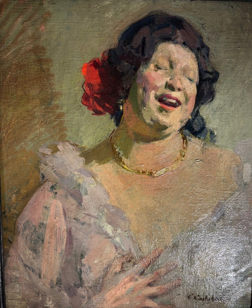 Huile sur toile "La cantatrice" signée Castelucho vers 1900-1920-photo-2