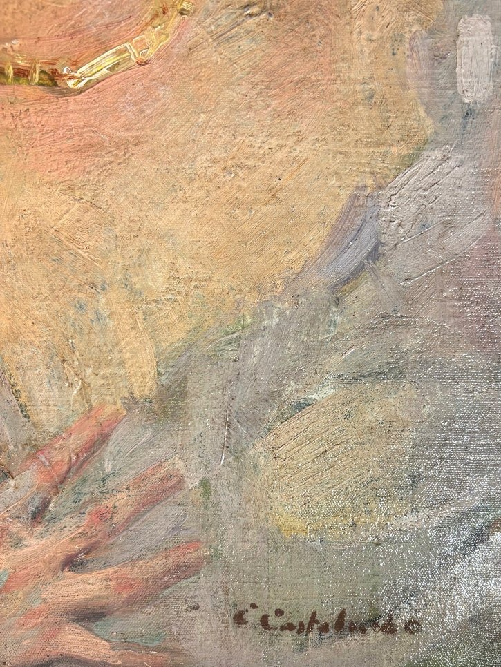 Huile sur toile "La cantatrice" signée Castelucho vers 1900-1920-photo-2