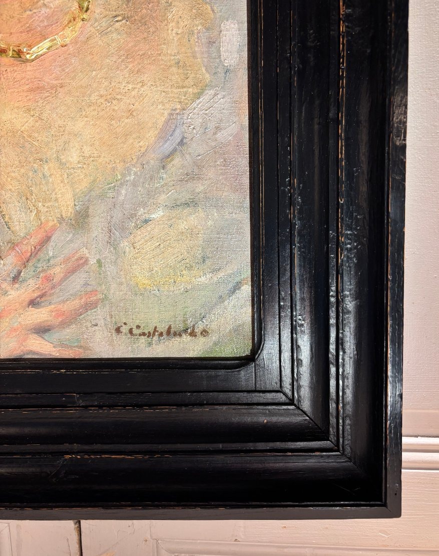 Huile sur toile "La cantatrice" signée Castelucho vers 1900-1920-photo-3