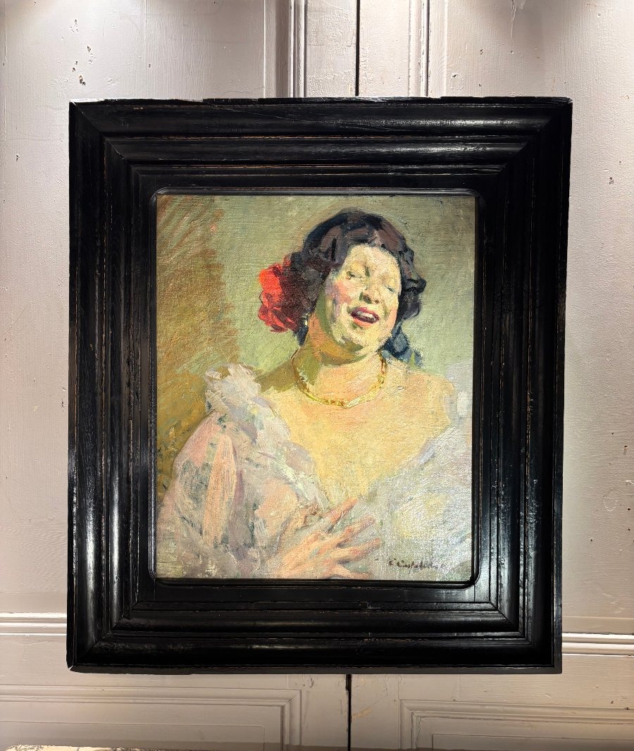 Huile sur toile "La cantatrice" signée Castelucho vers 1900-1920