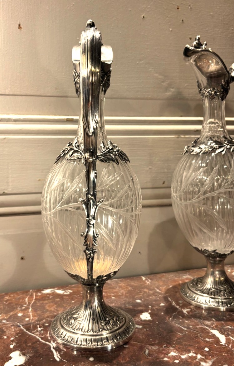 Tétard Frères paire d'aiguières en cristal taillé et monture en argent massif -photo-3