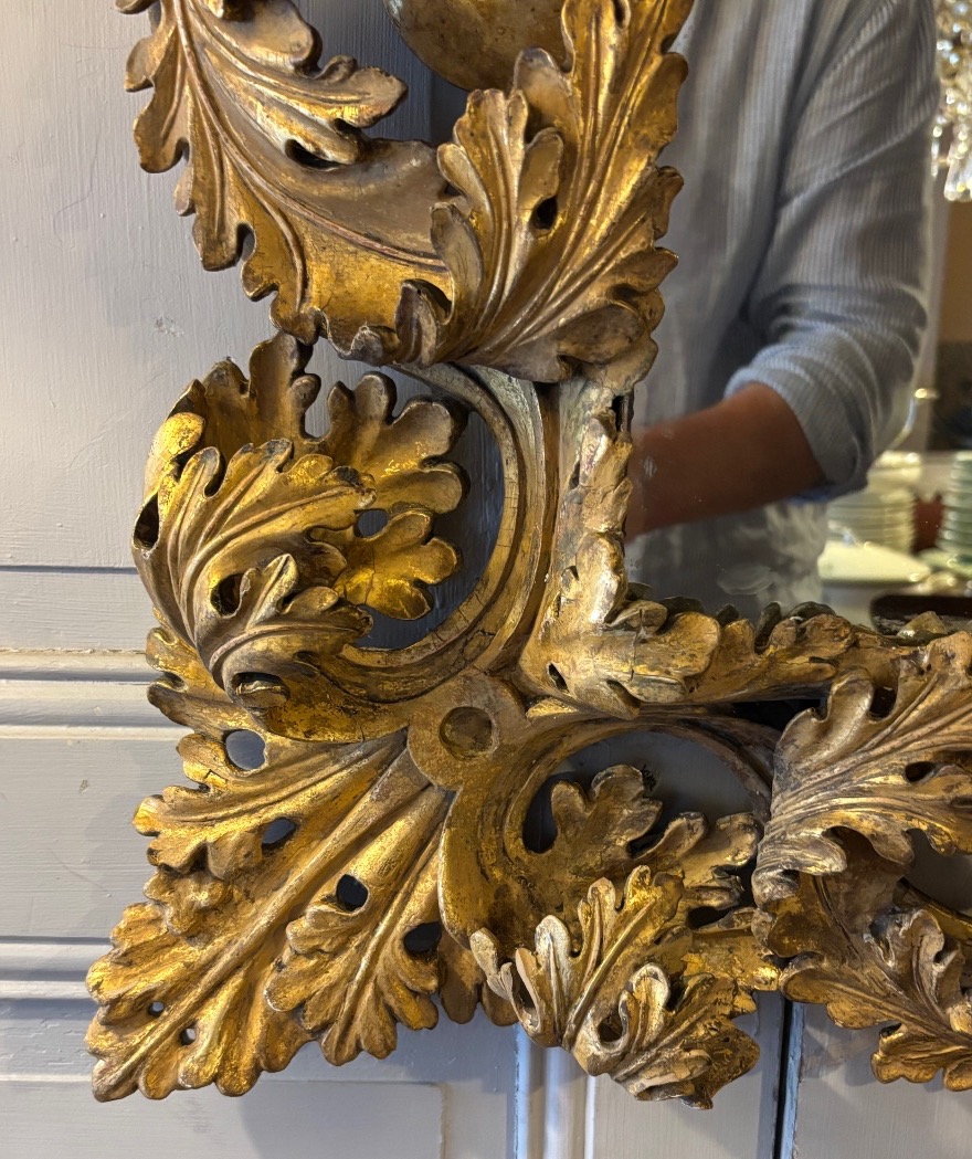 Miroir style louis XIV Baroque Italien en bois sculpté ajouré et doré -photo-2