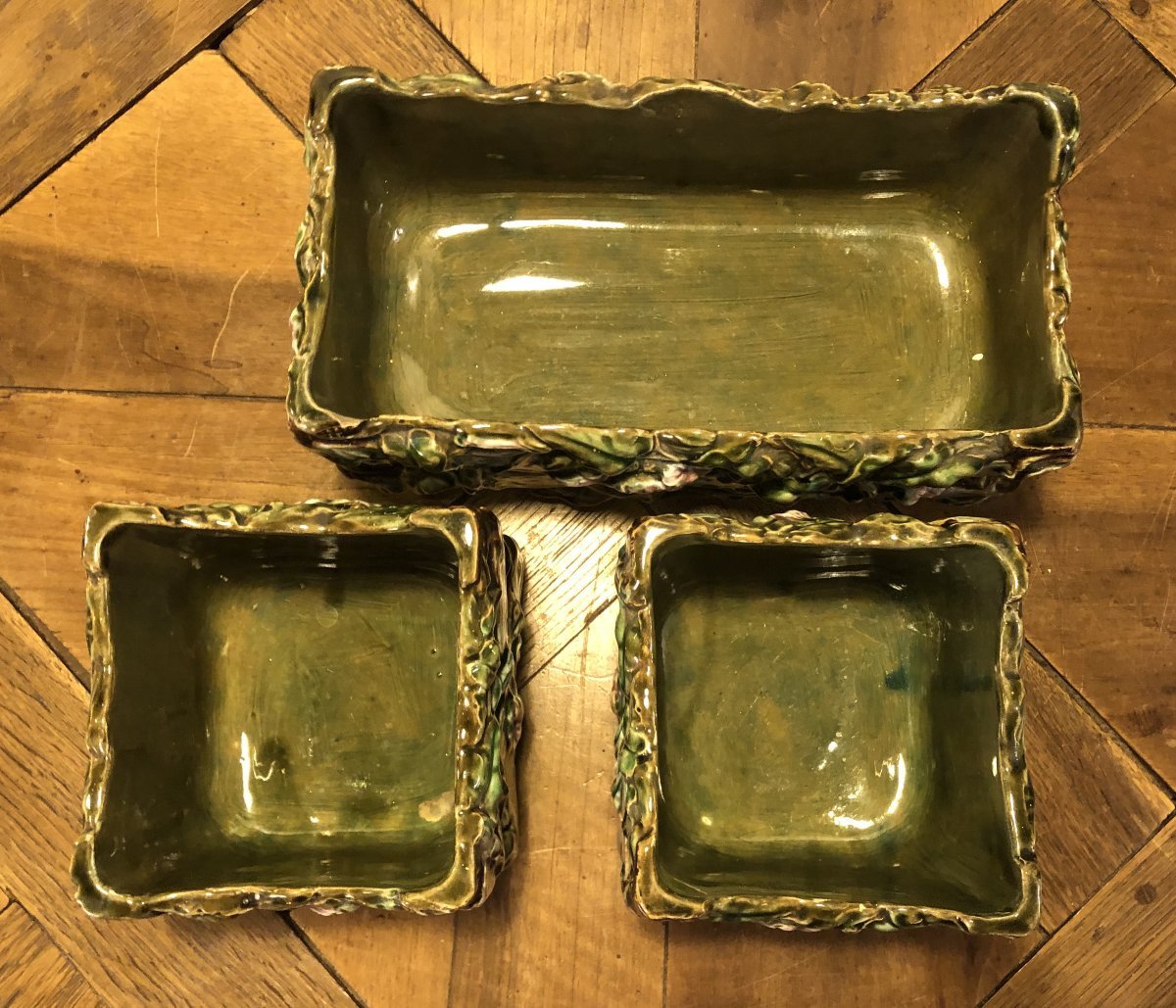 Set Of 3 Barbotine Planters, Circa 1900-photo-3