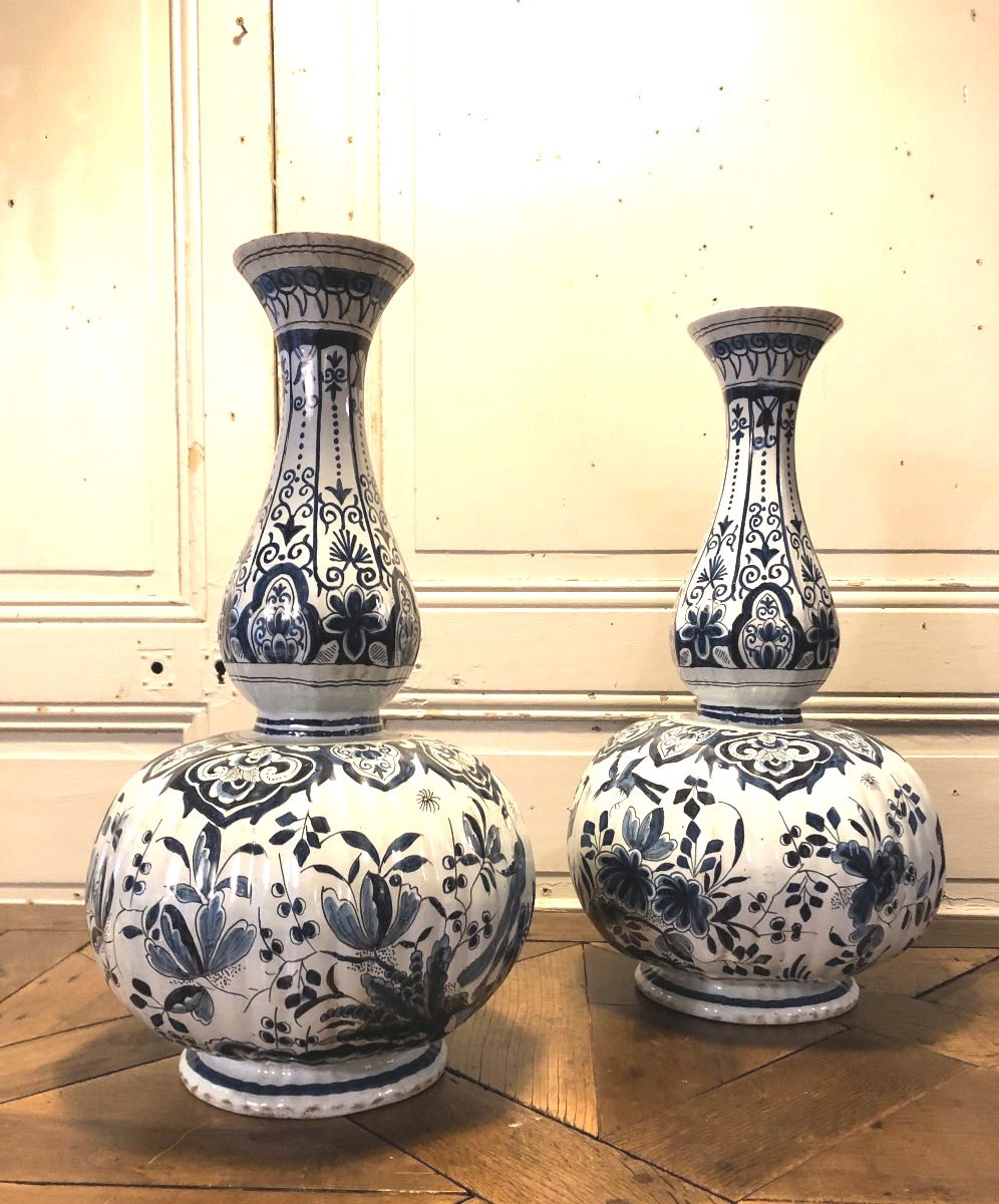 Paire de grands vases bouteille Delft blanc bleu-photo-2