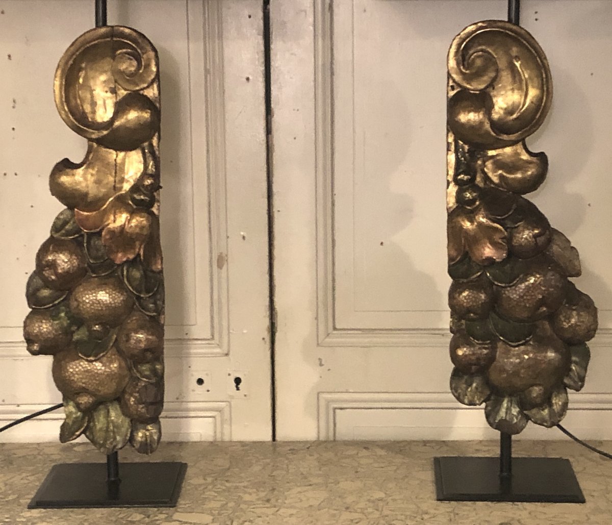 Pair Of Large Fruit-shaped Lamps Made Of Polychrome And Gilded Wood, 18th Century-photo-2