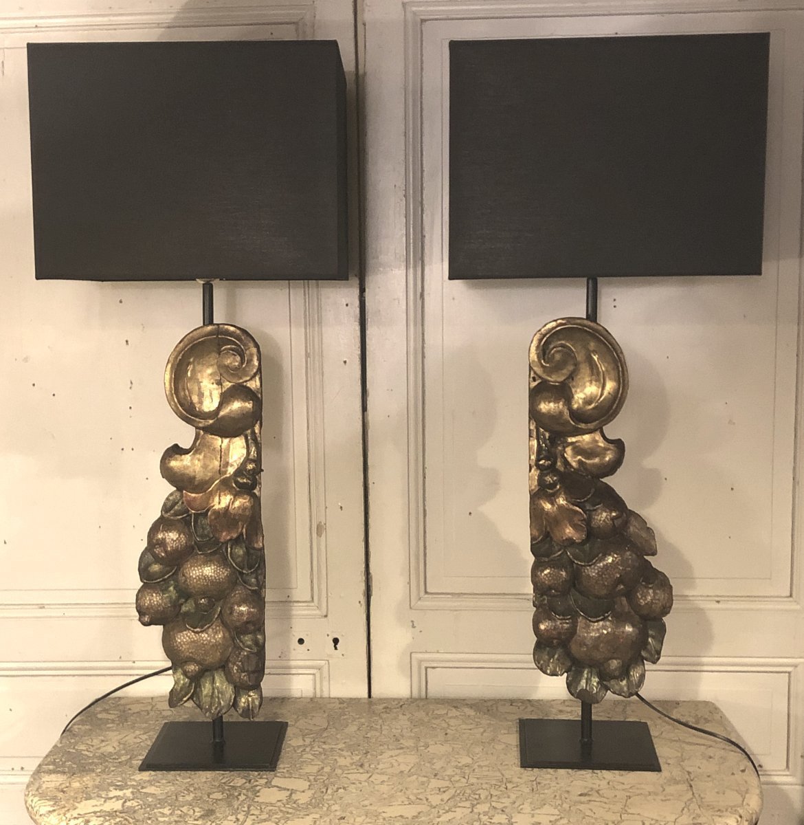 Pair Of Large Fruit-shaped Lamps Made Of Polychrome And Gilded Wood, 18th Century-photo-3
