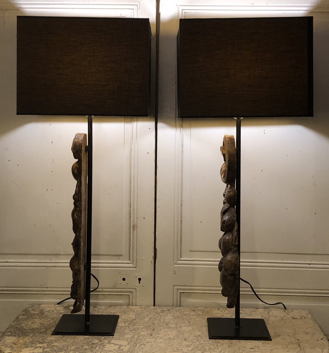 Pair Of Large Fruit-shaped Lamps Made Of Polychrome And Gilded Wood, 18th Century-photo-4
