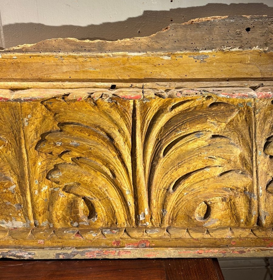 Grand panneau de boiserie en bois sculpté et peint à motif de feuilles XVIIIe siècle L 152 cm-photo-4