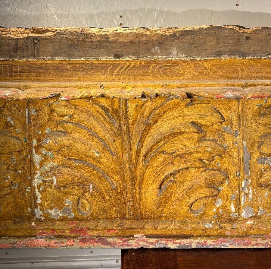 Grand panneau de boiserie en bois sculpté et peint à motif de feuilles XVIIIe siècle L 152 cm-photo-2