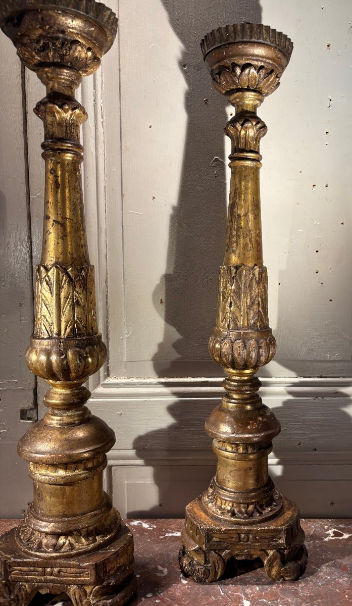 Paire de piques cierges Louis XVI en bois doré fin XVIII° siècle -photo-2