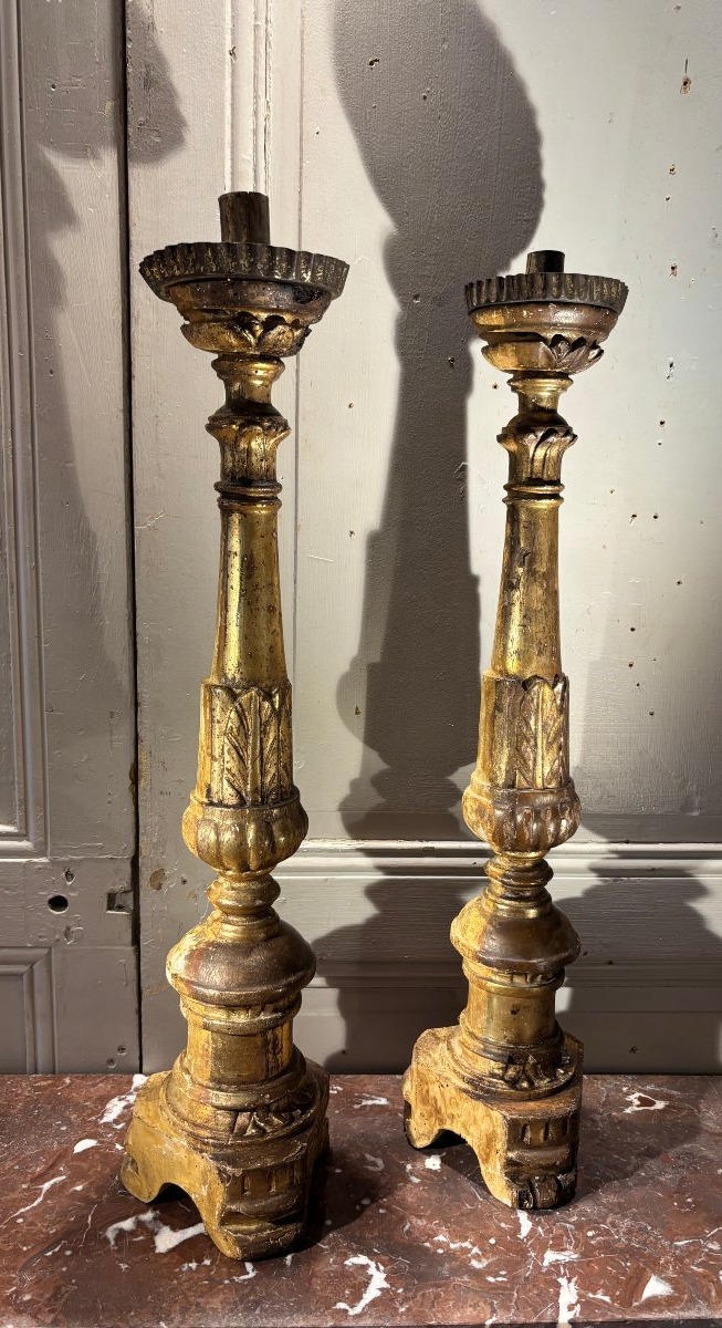 Paire de piques cierges Louis XVI en bois doré fin XVIII° siècle -photo-3