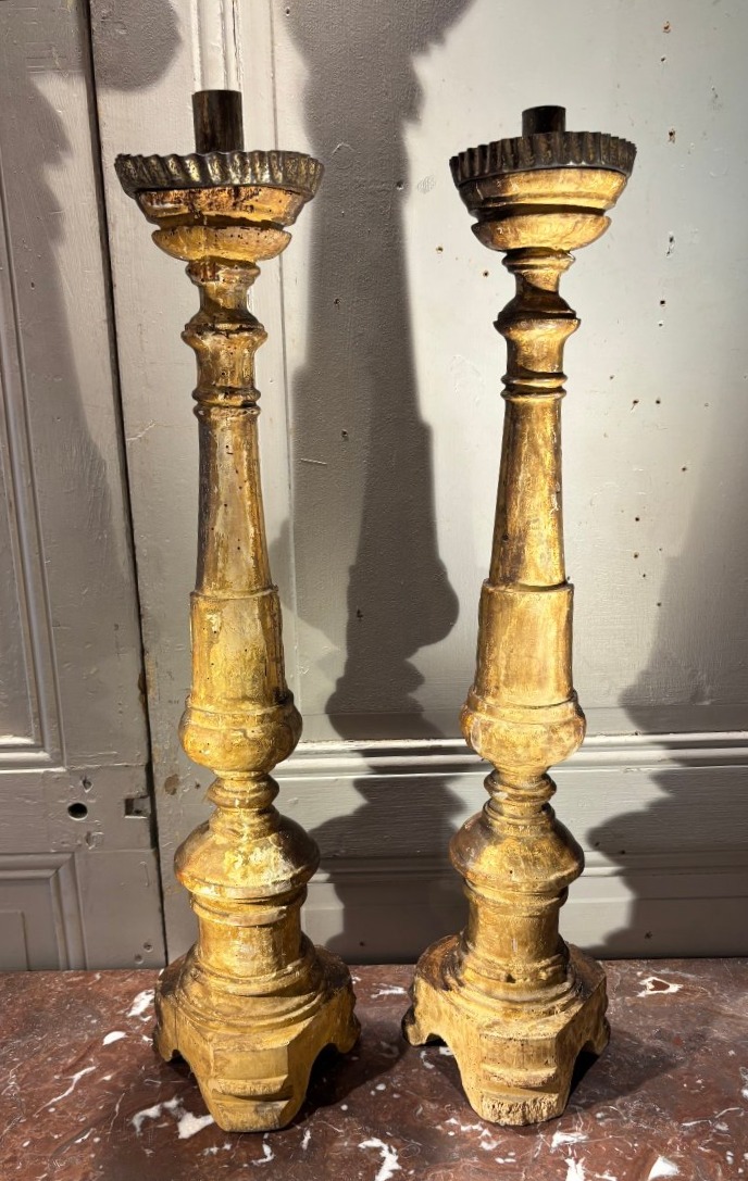 Paire de piques cierges Louis XVI en bois doré fin XVIII° siècle -photo-4