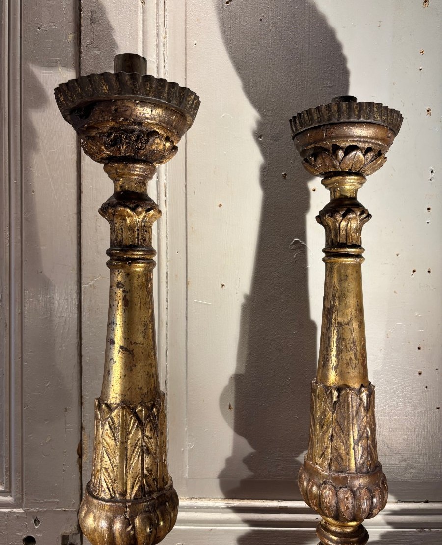 Paire de piques cierges Louis XVI en bois doré fin XVIII° siècle -photo-3