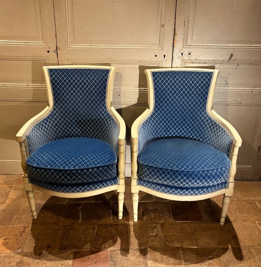 Pair Of Directoire-style Cabriolet Armchairs Made Of Wood Painted Gray, Late 18th Century -photo-2